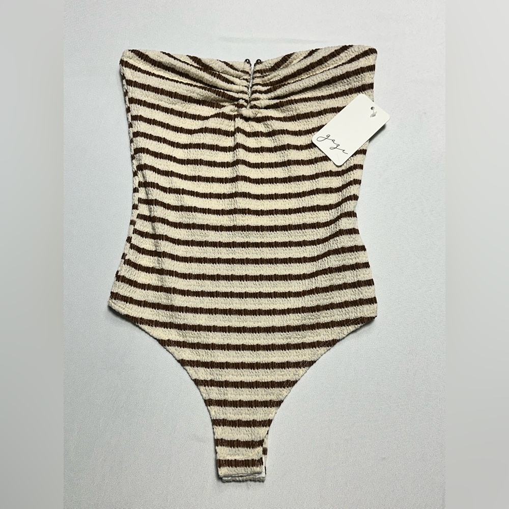 gaze Cream and Brown Striped Strapless Ribbed Bodysuit